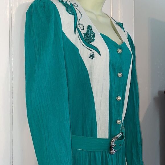 Vtg 80s/90s Lillia Smitty turquoise crinkle cloth layered skirt western dress - Picture 6 of 9